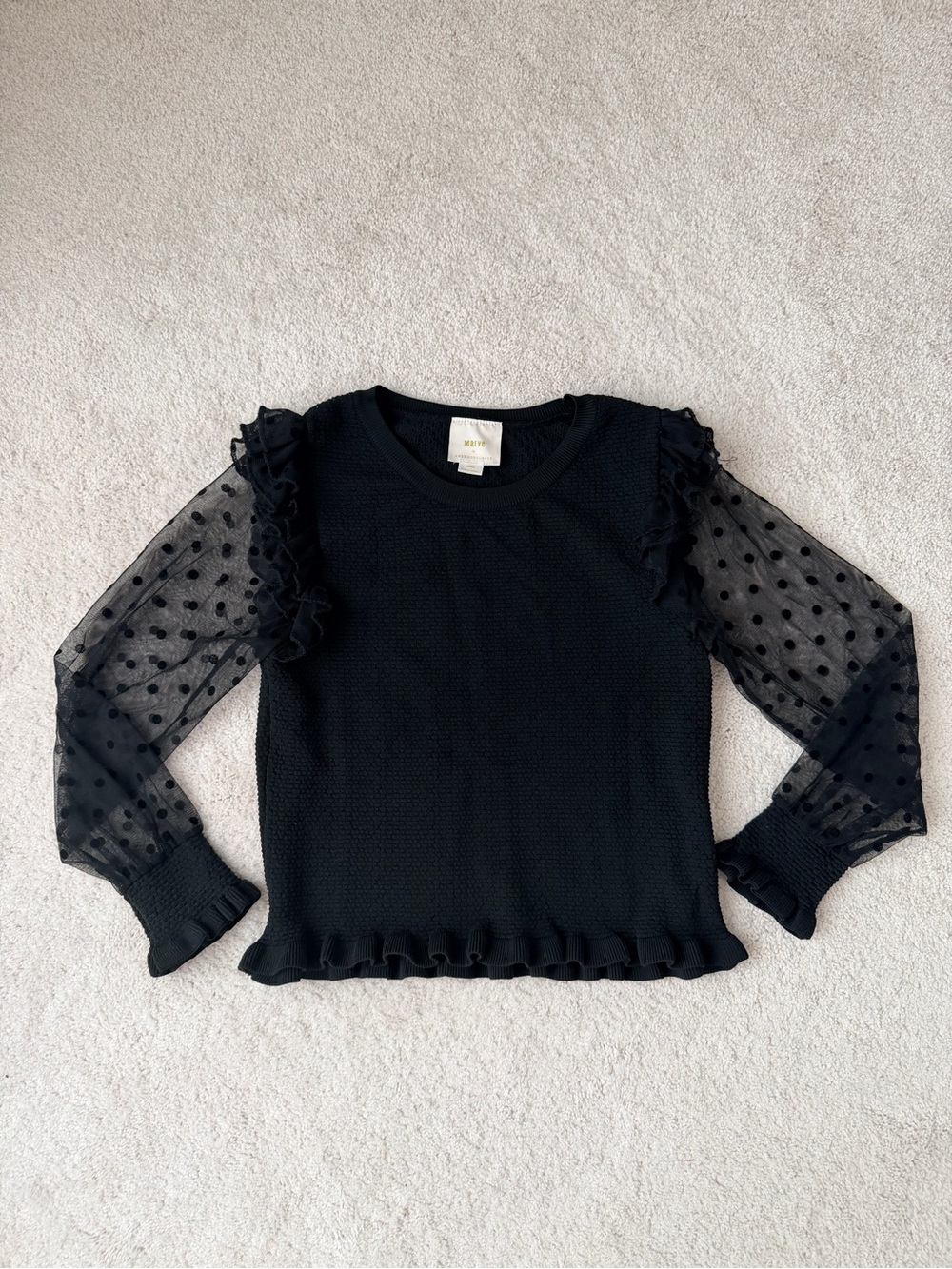 Anthropologie Black Ruffled Polka-Dot Mesh Sleeve Top